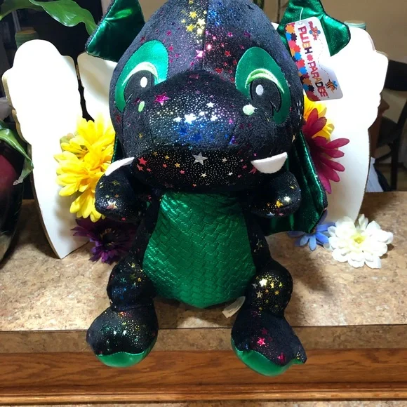 Toy Factory Plush Paradise 16" Black/Green Dragon w/Multicolor Metallic Stars - Picture 1 of 8
